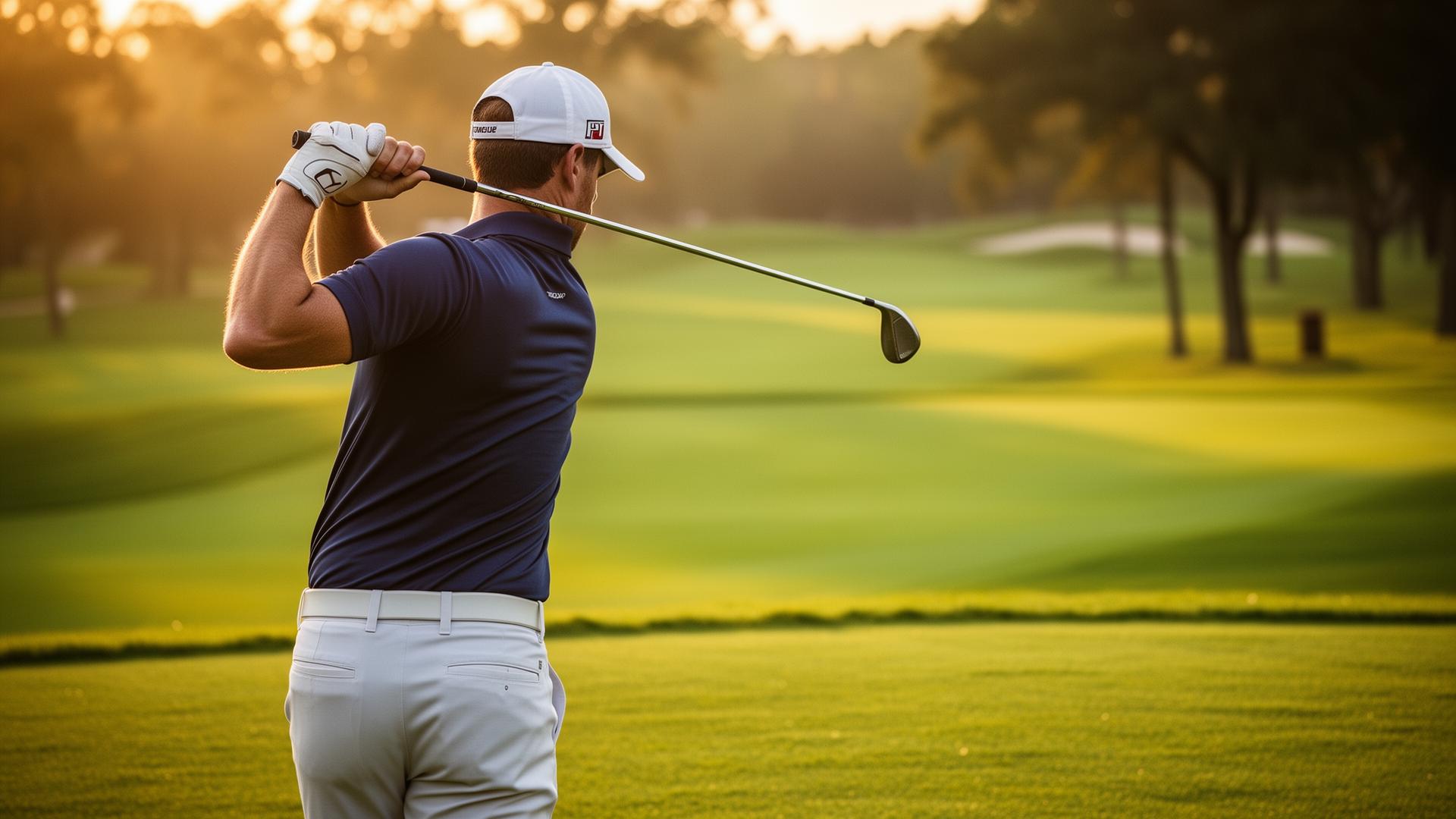 Golfeur en plein swing au coucher du soleil